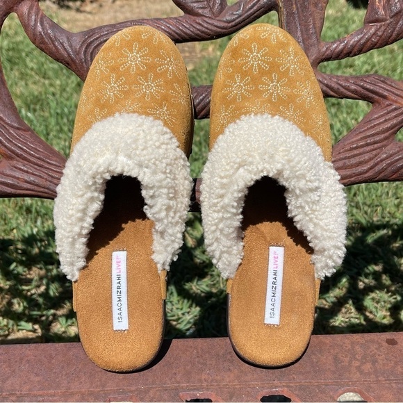 ISAAC Mizrahi Live Shearling Collar Suede Leather Embroidered Clogs - Picture 3 of 14